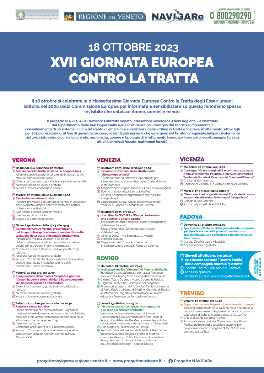 Locandina eventi XVII Giornata Europea contro la tratta - Veneto
